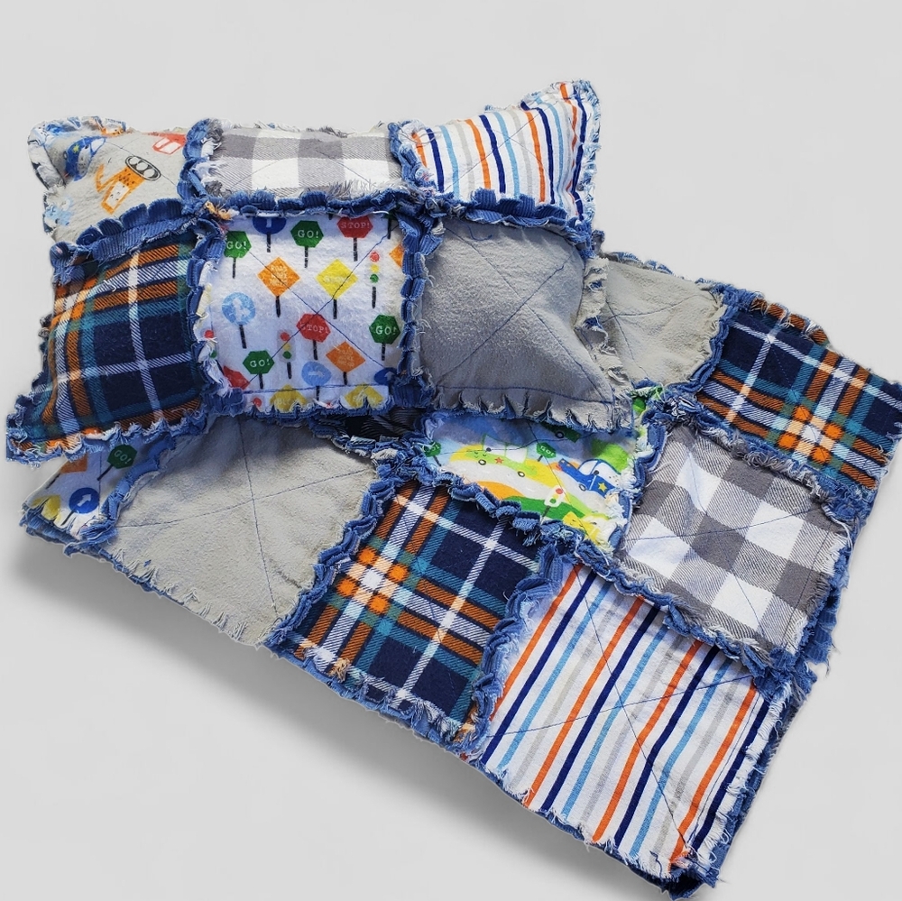 Patchwork Rag Quilt & Pillow Baby Boy Homecrafted New